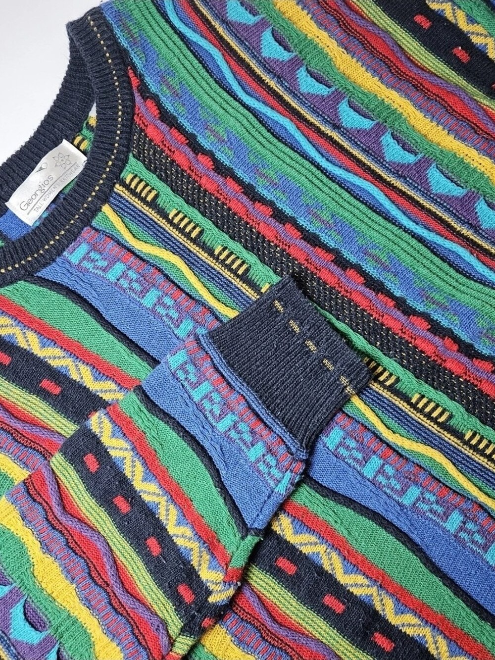 Vintage 90s Georgios Tall Crewneck Sweater Multicolor 3D Stripe Women's Size XL